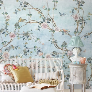 Chinoiserie Wallpaper Peel and Stick | Watercolor Peony Flower with Birds Wall Mural