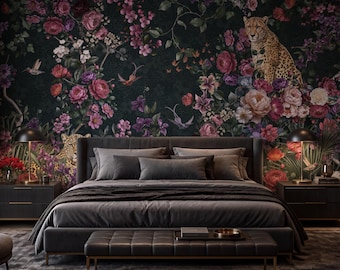 Exotic Dark Floral and Leopard Wallpaper | Luxury Tropical Flower Garden Wall Mural