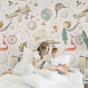 Cute Boys Kids Wallpaper Peel and Stick / Watercolor Nursery Airplane with Stars Wall Mural