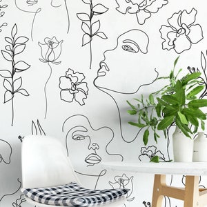 Art Wallpaper Peel and Stick Soft Woman Face con murale della linea di disegno floreale