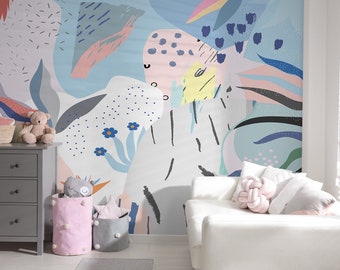 Abstract Art Wallpaper Peel and Stick | Colorful Abstract Drawing Art Wall Mural | Hand Drawn Artistic Floral Shapes Wall Mural