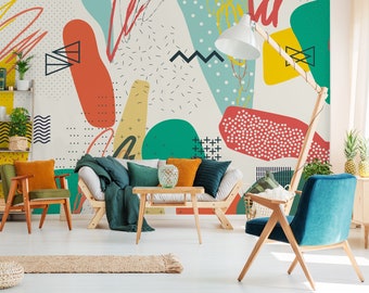 Abstract Shape Art Wallpaper Peel and Stick | Colorful Geometric Wall Mural | Modern Shapes with Brush Art Wallpaper