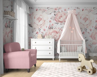 Pink Floral Wallpaper Peel and Stick | Watercolor Peony Flower for Kids Wall Mural | Nursery Peonies Wallpaper