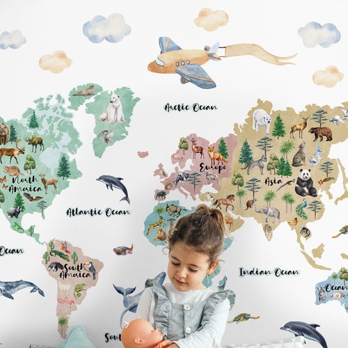 Boho World Map Decal / World Map Wall Sticker / Nursery Wall Etsy