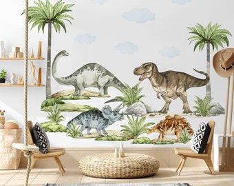 Watercolor Dinosaurs Wall Decal | Kids Trex Wall Sticker |  Nursery Jurassic World Decals | Big Palm Tree with Animals Wall Decals