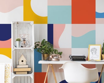 Tapeta artystyczna Bauhaus Peel and Stick | Kolorowa nowoczesna tapeta ścienna w kształcie | Tapeta artystyczna w geometryczne kwadraty