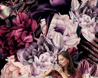 Floral Wallpaper Peel and Stick | Watercolor Dark Peony Flowers Wall Mural