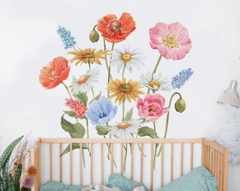 Watercolor Floral Wall Decal Cute Colorful Wildflowers Wall Sticker