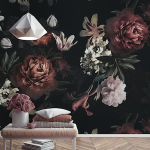 Dark Floral Wallpaper Peel and Stick Soft Peony Flower Bouquet Wall Mural