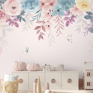 Papier peint floral pour enfants | Papier peint floral printanier | Papier peint fleurs aquarelle | Papier peint fleurs de lierre coloré