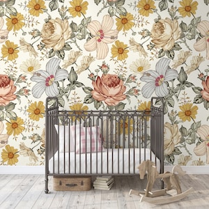 Papier peint floral pour enfants | Papier peint fleurs de pivoine et de marguerite