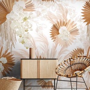 Boho Blumentapete | Neutrales Palmen Blatt mit Pampas Wandbild | Tropische florale weiche Tapete schälen und aufkleben