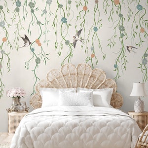 Ivy Wallpaper |  Boho Plants Wall Mural Peel and Stick | Watercolor Tree Branches with Birds Wallpaper | Pastel Ivy Leaf Branch Wall Mural