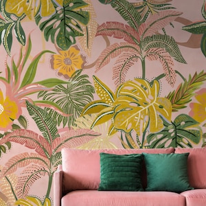 Pink Tropical Wallpaper Peel and Stick | Colorful Summer Watercolor Exotic Leaf Wall Mural | Pastel Color Leaves Wallpaper