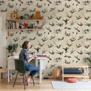 Vintage Birds Wallpaper Peel and Stick, Old Style Hummingbirds Art Wall Mural,  Antique Birds Wallpaper