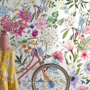 Papier peint floral d'été autocollant |  Papier peint aquarelle botanique petite fleur