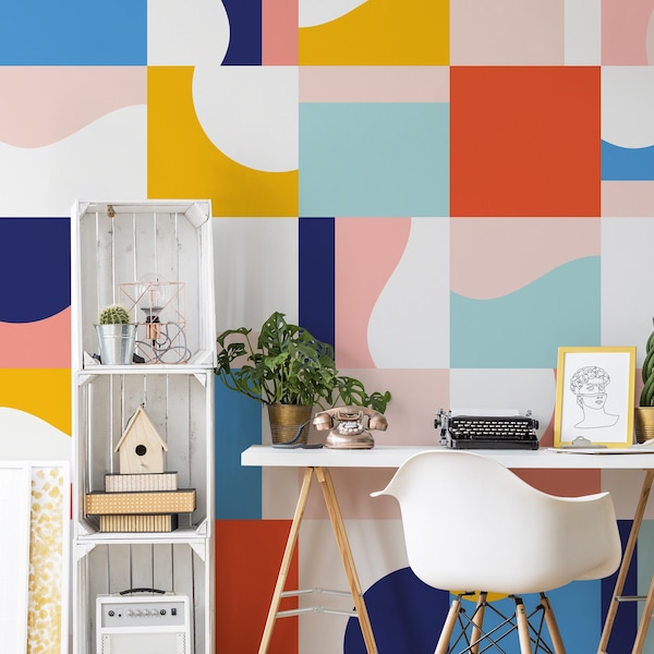 Bauhaus Art Wallpaper Peel and Stick | Colorful Modern Shape Wall Mural | Geometric Square Art Wallpaper