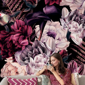 Floral Wallpaper Peel and Stick | Watercolor Dark Peony Flowers Wall Mural