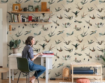 Vintage Birds Wallpaper Peel and Stick, Old Style Hummingbirds Art Wall Mural,  Antique Birds Wallpaper