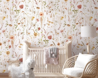 Watercolor Floral Kids Wallpaper | Soft Wildflower Peel and Stick | Spring Blossom Wall Mural