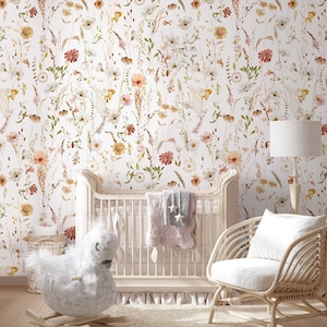 Papier peint floral aquarelle pour enfants | Peler et coller des fleurs sauvages douces | Papier peint fleur de printemps