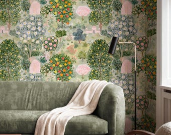 Elegant Fruit Tree Landscape Wallpaper | Watercolor Fruit Trees and Floral Wall Mural