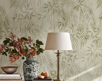 Minimal Botanical Foliage Wallpaper | Modern Sage Green Botanical Leaves Mural