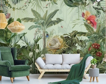 Tropical Jungle Wallpaper Peel and Stick Cute Forest Wall Mural Green ...
