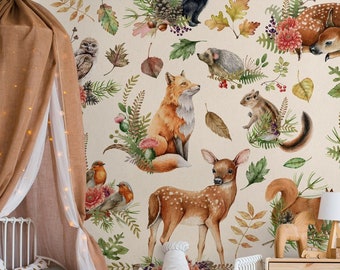 Cute Woodland Animals  Peel and Stick Wallpaper Forest Animals Nursery Watercolor Wallpaper