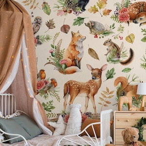 Cute Woodland Animals  Peel and Stick Wallpaper Forest Animals Nursery Watercolor Wallpaper