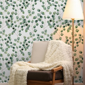 Leaf Wallpaper Peel and Stick | Watercolor Eucalyptus Leaves Wall Mural