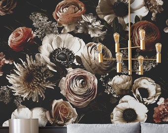 Dark Floral Bouquet Wallpaper |  Ranunculus Rose Chrysanthemum Flower Peel and Stick | Realistic Flowers Wall Mural