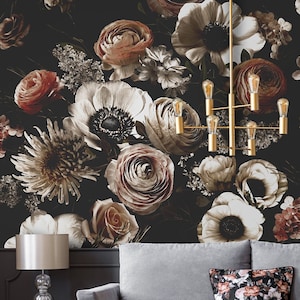 Carta da parati con bouquet floreale scuro / Fiore di crisantemo rosa ranuncolo staccabile e incolla / Decorazione murale con fiori realistici