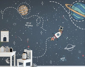 Papel de Parede Infantil Espacial Autoadesivo para Meninos - Lindos Murais de Parede Espaciais em Aquarela