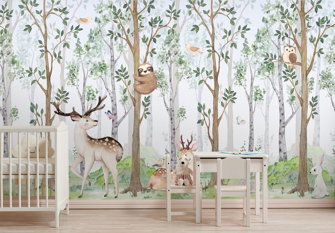 Kids Wallpaper Peel and Stick Watercolor Cute Animals in the Etsy 日本