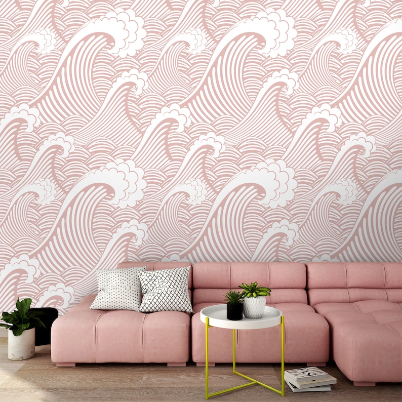 Wave Wallpaper Peel and Stick Pink Blue Ocean Waves Wall Etsy