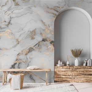Carta da parati in marmo con stacca e incolla. Decorazione murale astratta con onde morbide