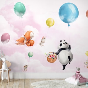 Carta da parati con animali volanti per bambini Simpatici animali con palloncini colorati Carta da parati Peel and Stick