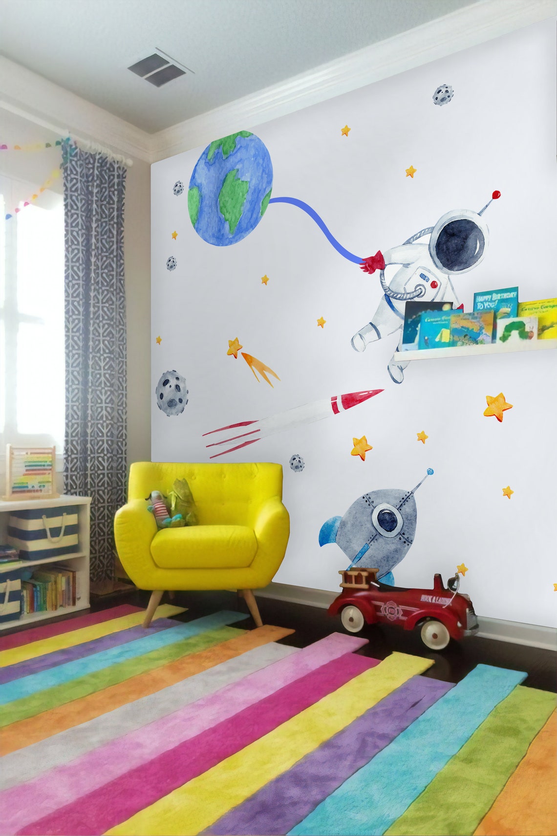 Kids Space Wall Decal for Boys Cute Astronaut With Earth Wall Sticker ...