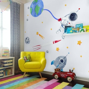 Kids Space Wall Decal for Boys Cute Astronaut With Earth Wall Sticker ...