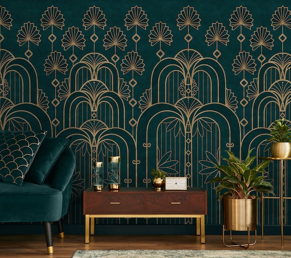 White and gold geometric floral motif art deco Pattern Wallpaper for Walls  | Palais de Deco