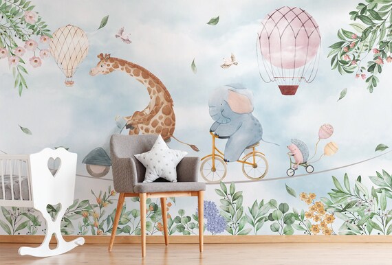 - Animals Riding Wall Etsy Peel Kids Wallpaper Stick Cycling and Mural