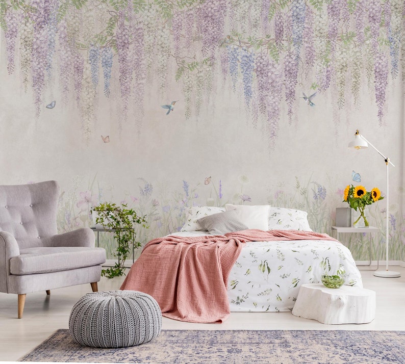Vintage Wisteria Floral Wall Mural Hanging Flowers With Hummingbirds ...