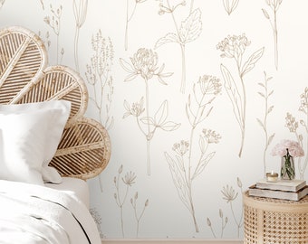 Hand Drawing Wild Flower Wallpaper | Monochrome Colors Meadow Wallpaper Peel and Stick | Wild Plant Branches Wall Mural