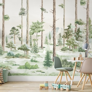 Kids Forest Wallpaper, Watercolor Forest Landscape Wall Mural, Nursery Jungle Trees Wallpaper
