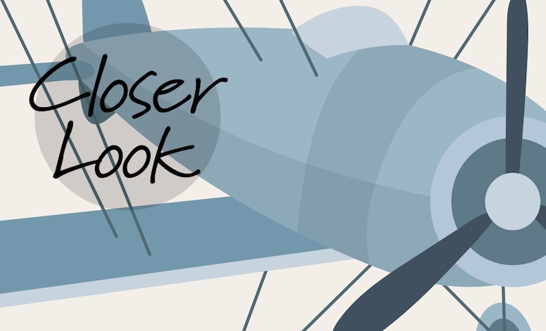 May include: A blue and gray cartoon airplane with a propeller. The text "Closer Look" is written in a circle in the upper left corner of the image.