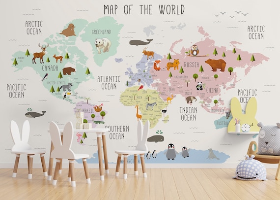 Kids Watercolor World Map Wallpaper Mural