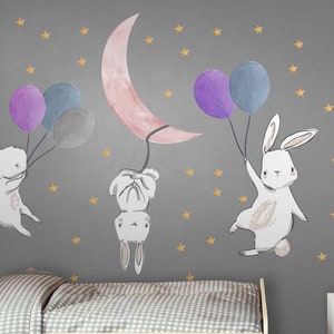 Kids Wall Decal | Cute Bunny Wall Sticker With Colorful Balloons - Etsy