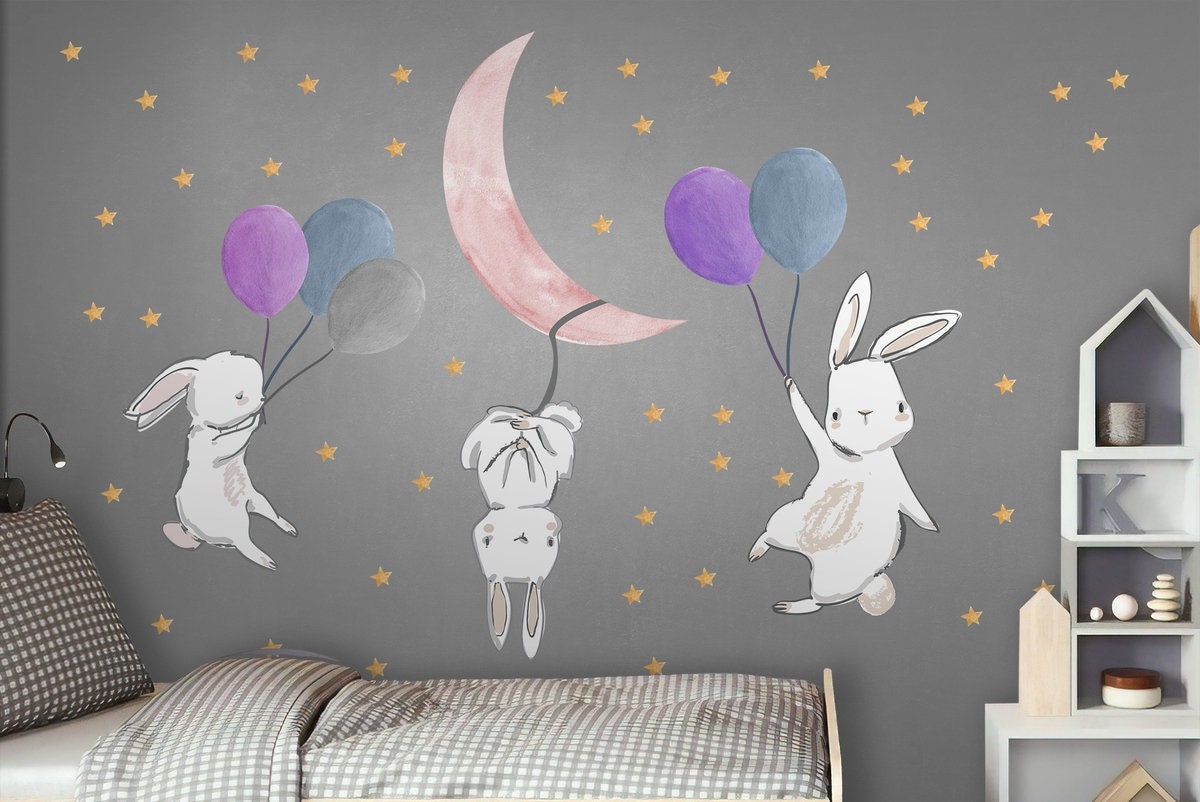 Kids Wall Decal Cute Bunny Wall Sticker With Colorful | Etsy