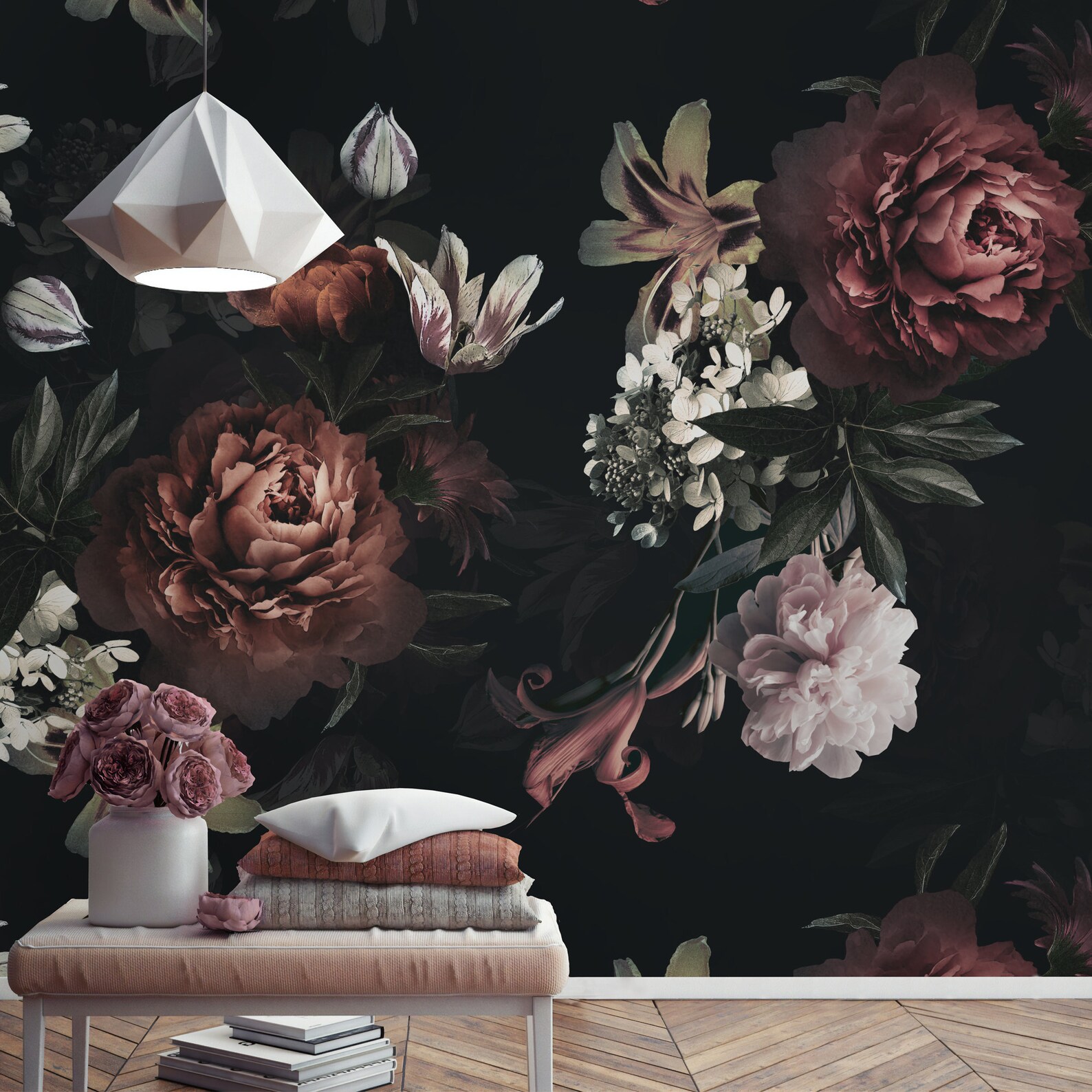 Dark Floral Wallpaper Peel and Stick Soft Peony Flower Bouquet Wall ...
